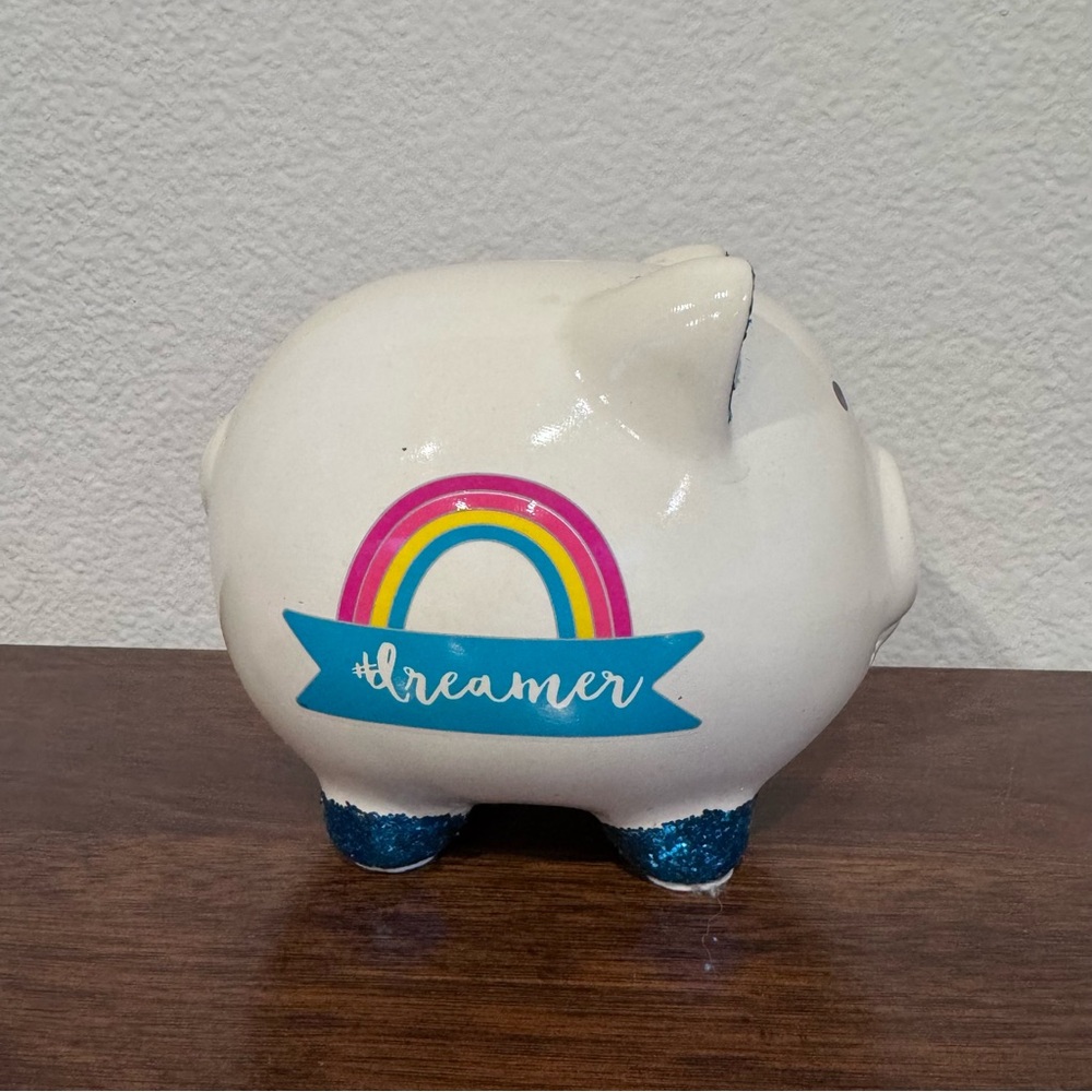 Rainbow Dreamer Ceramic Piggy Bank with Blue Glitter Feet and Ears